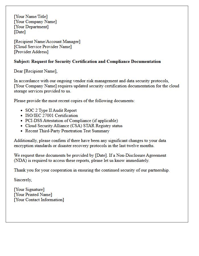 Third-Party Cloud Storage Security Certification Request Letter