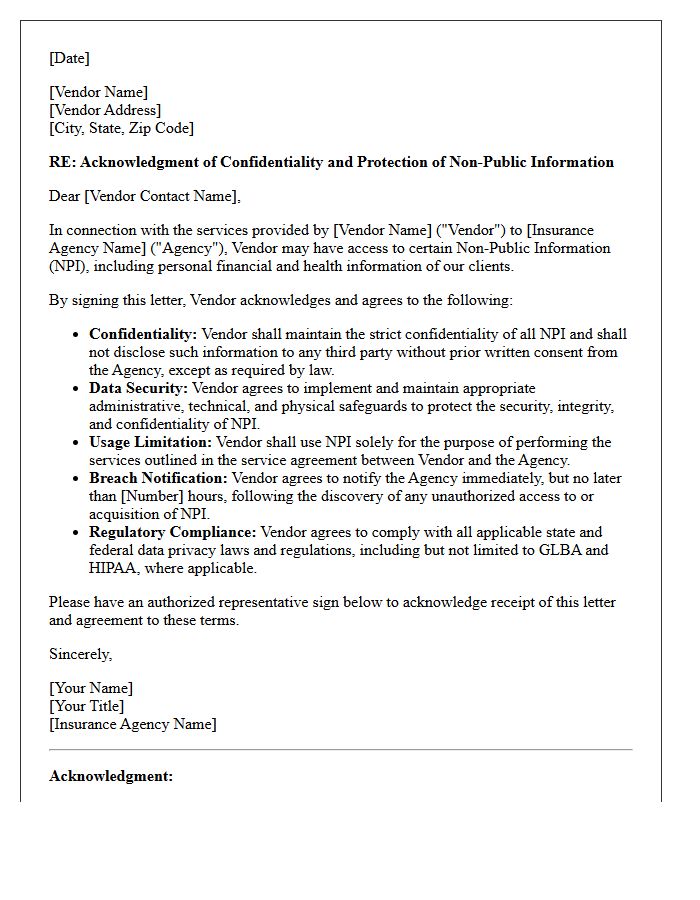 Insurance Agency Non-Public Information Vendor Acknowledgment Letter