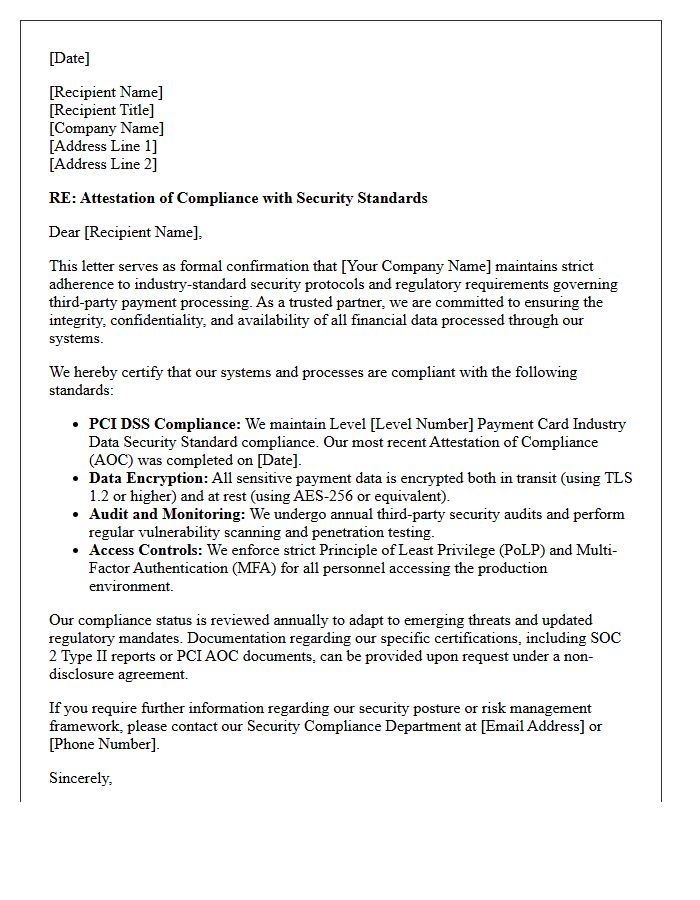 Third-Party Payment Processor Security Standards Compliance Letter
