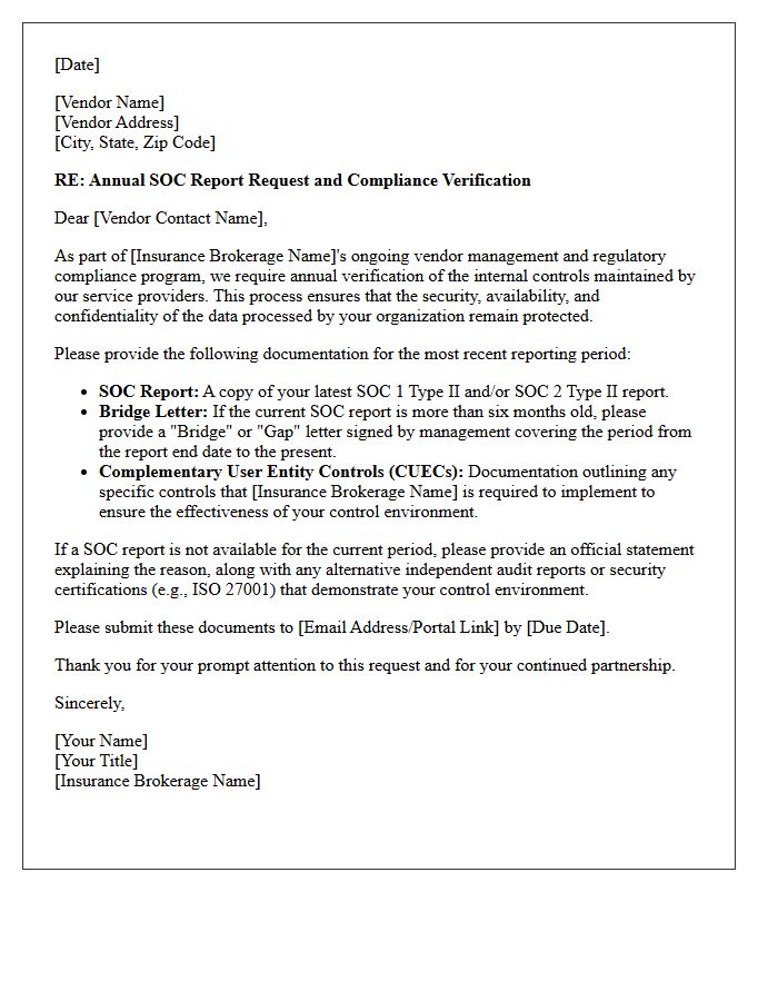 Insurance Brokerage Vendor SOC Reporting and Verification Letter