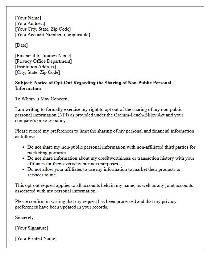 Non-Public Personal Information Sharing Opt-Out Letter