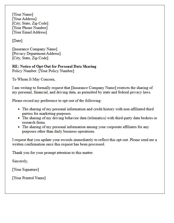 Auto Insurance Client Data Sharing Opt-Out Letter