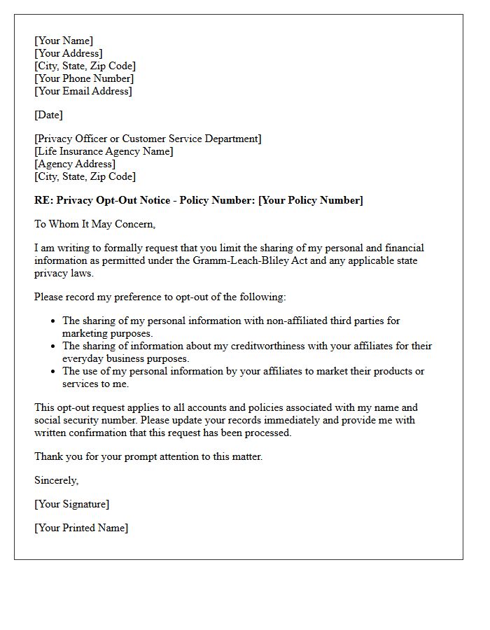 Life Insurance Agency Information Privacy Opt-Out Letter