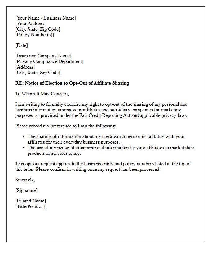 Commercial Insurance Affiliate Sharing Opt-Out Letter