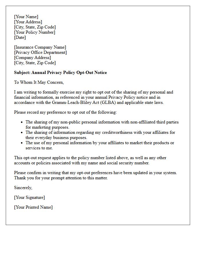 Annual Insurance Privacy Policy Opt-Out Request Letter