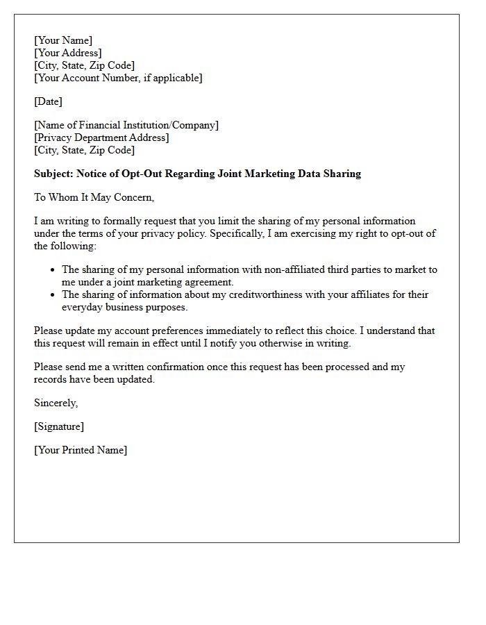 Joint Marketing Agreement Data Sharing Opt-Out Letter