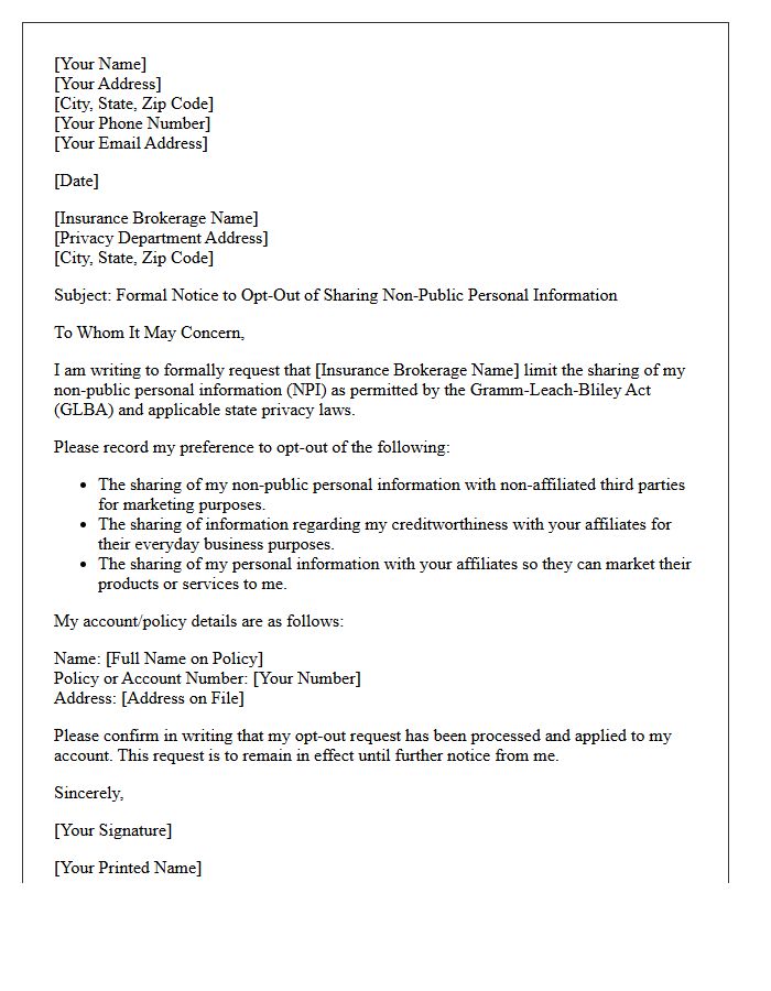 Insurance Brokerage Non-Public Information Opt-Out Letter