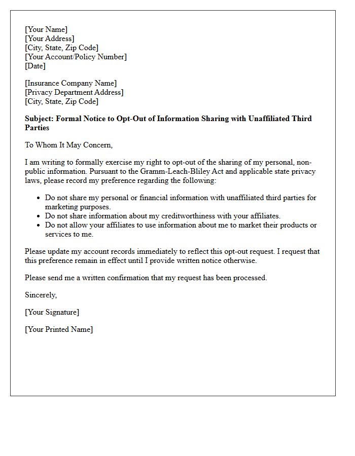 Unaffiliated Third-Party Insurance Sharing Opt-Out Letter