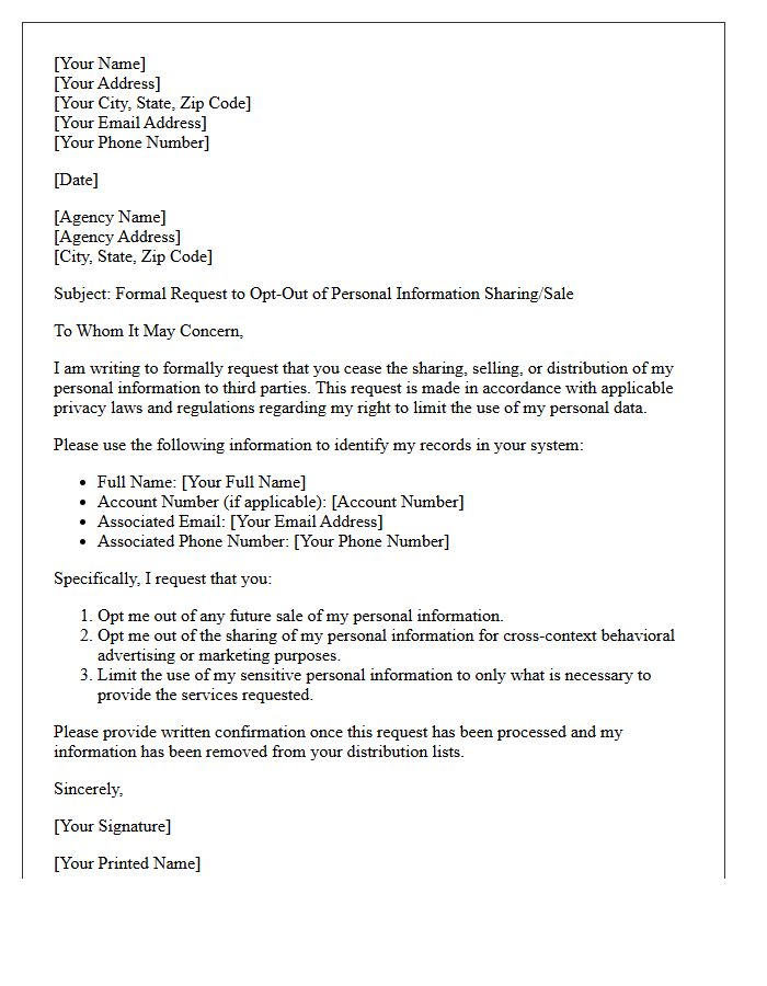 General Agency Personal Information Opt-Out Letter