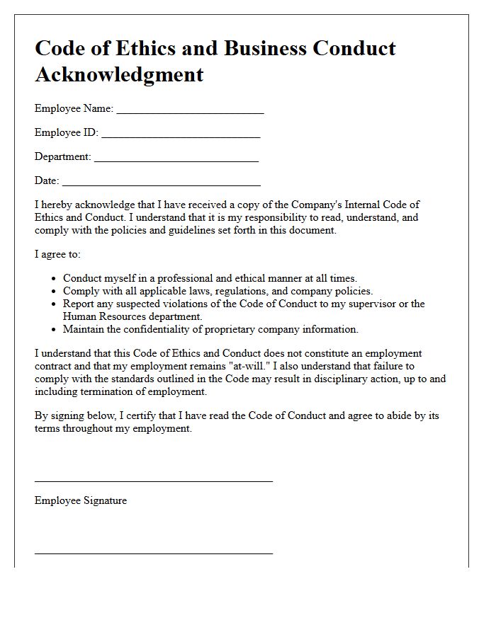 New Employee Internal Code Of Ethics And Conduct Acknowledgment Letter
