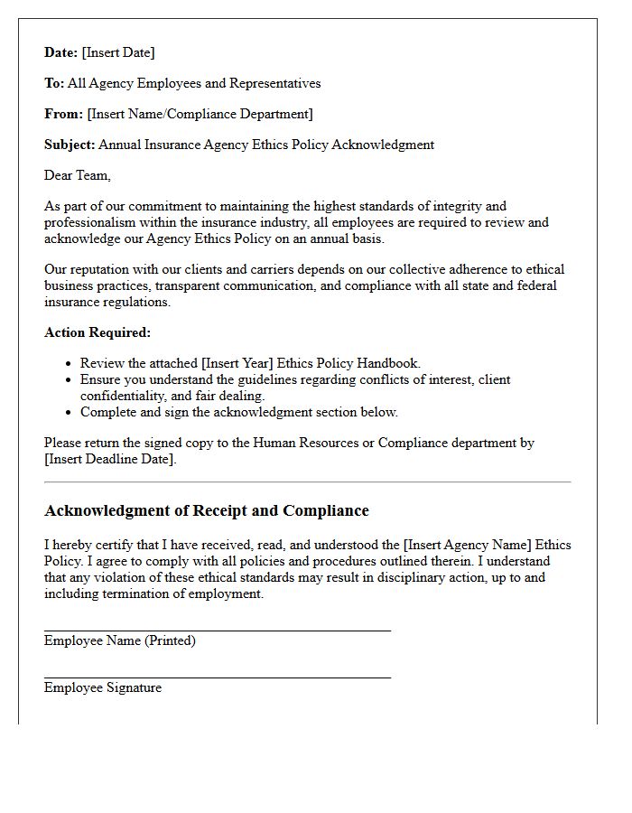 Annual Insurance Agency Ethics Policy Acknowledgment Letter