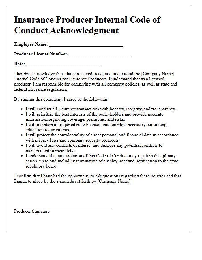 Insurance Producer Internal Code Of Conduct Acknowledgment Letter