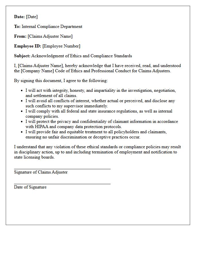 Claims Adjuster Internal Ethics And Compliance Acknowledgment Letter