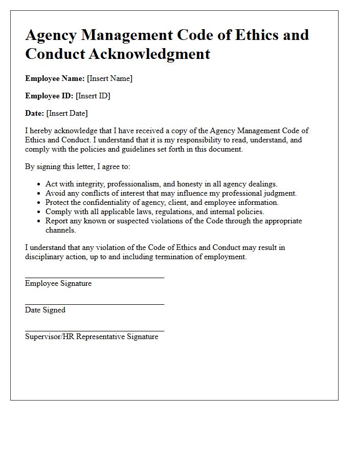 Agency Management Code Of Ethics And Conduct Acknowledgment Letter