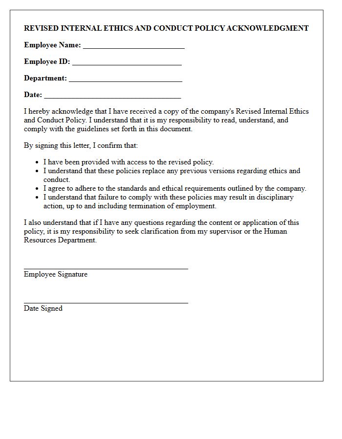 Revised Internal Ethics And Conduct Policy Acknowledgment Letter