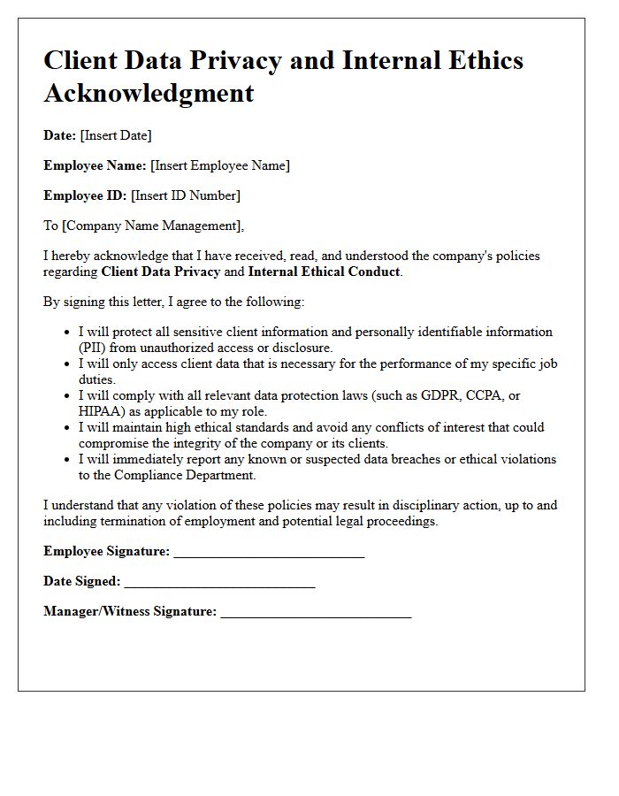 Client Data Privacy And Internal Ethics Acknowledgment Letter