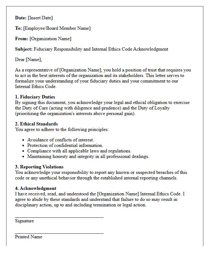 Fiduciary Responsibility And Internal Ethics Code Acknowledgment Letter
