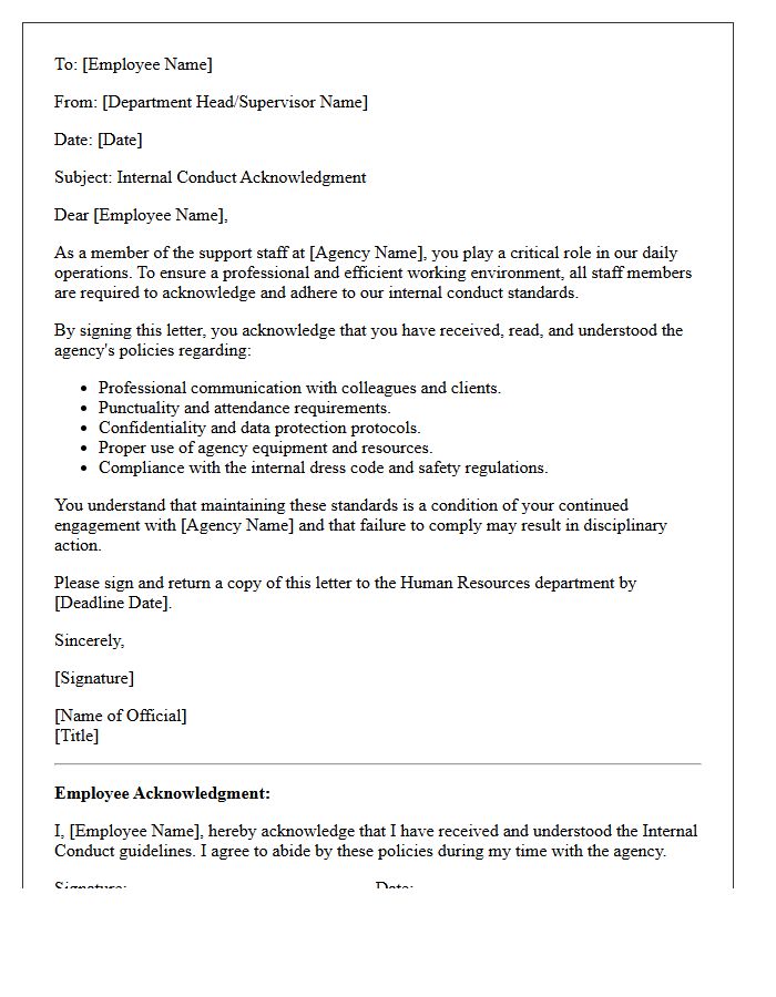 Agency Support Staff Internal Conduct Acknowledgment Letter