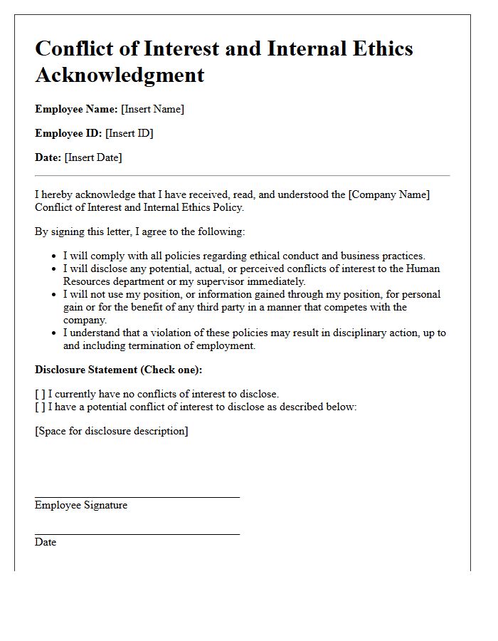 Conflict Of Interest And Internal Ethics Acknowledgment Letter