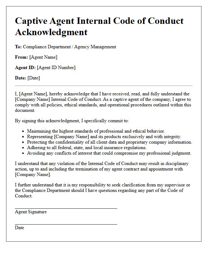 Captive Agent Internal Code Of Conduct Acknowledgment Letter