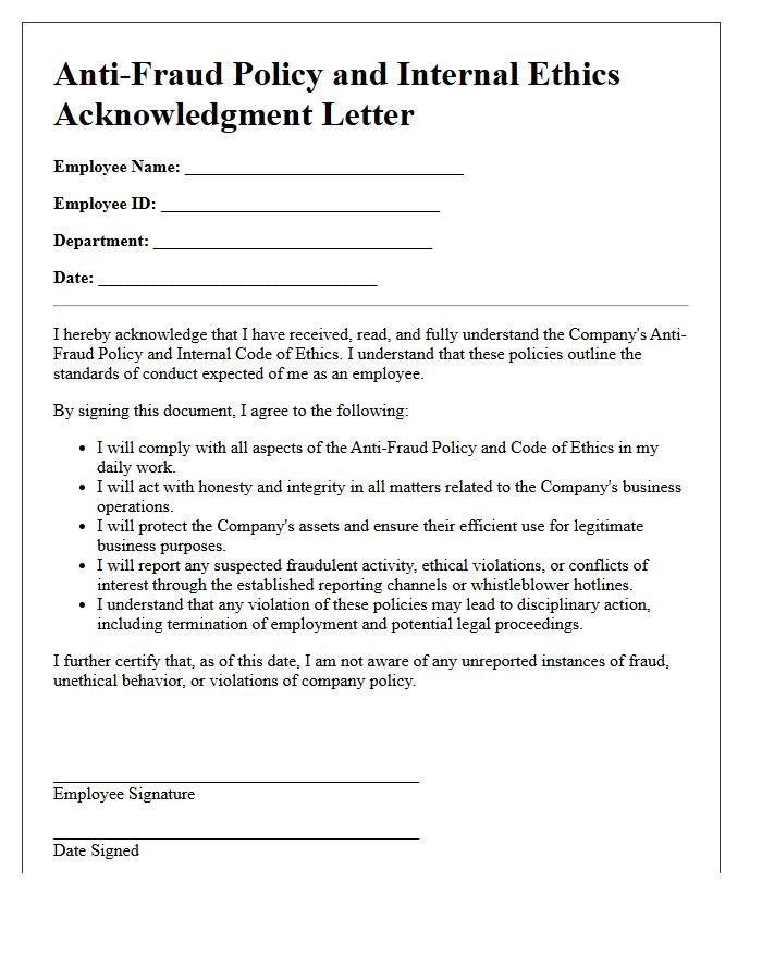 Anti-Fraud Policy And Internal Ethics Acknowledgment Letter