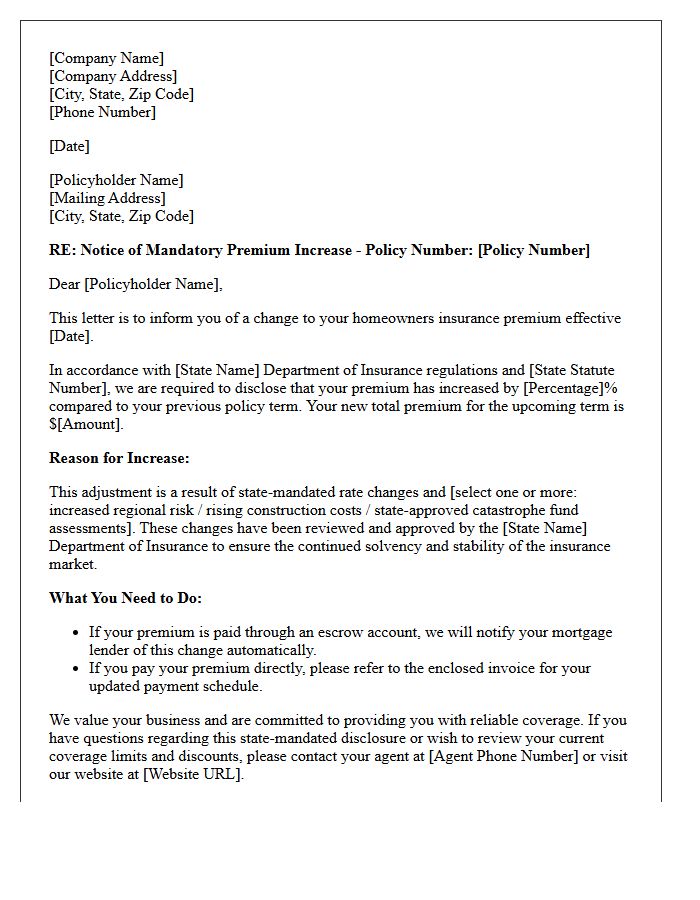 Homeowners Policy State-Mandated Premium Increase Disclosure Letter