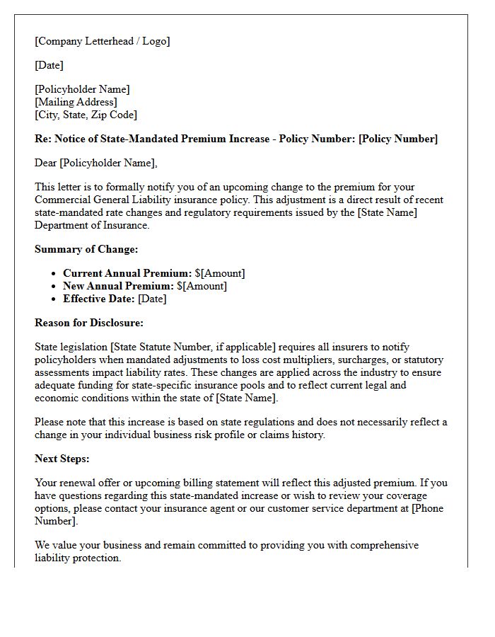 Commercial Liability State-Mandated Premium Increase Disclosure Letter