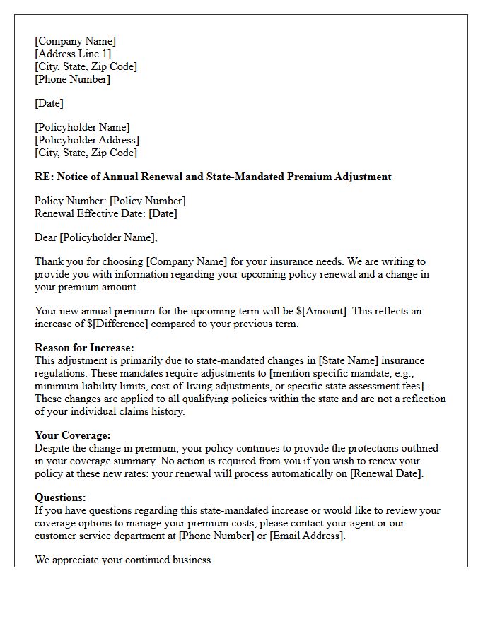 Annual Renewal State-Mandated Premium Increase Disclosure Letter