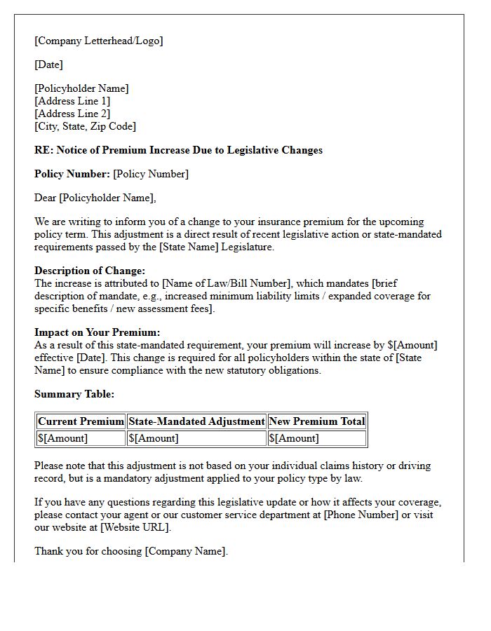 Legislative Action State-Mandated Premium Increase Disclosure Letter