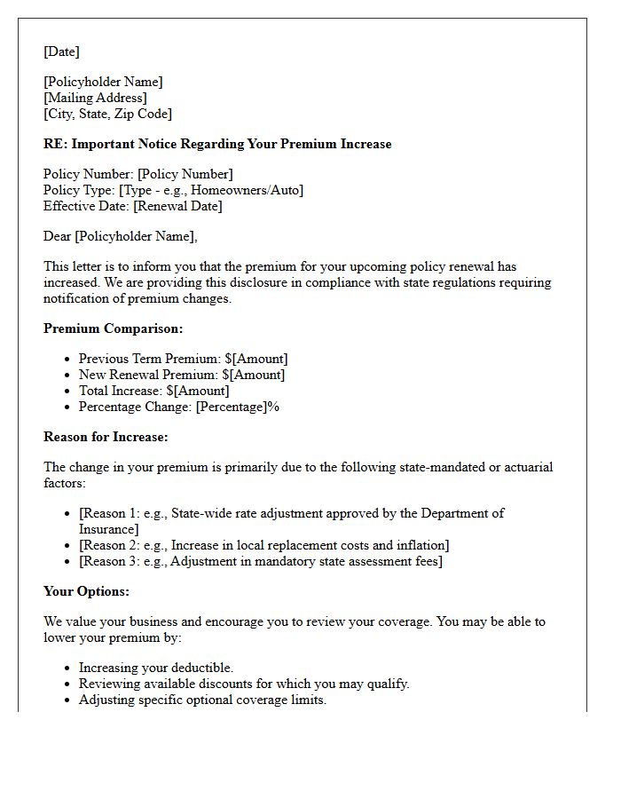 Personal Lines State-Mandated Premium Increase Disclosure Letter