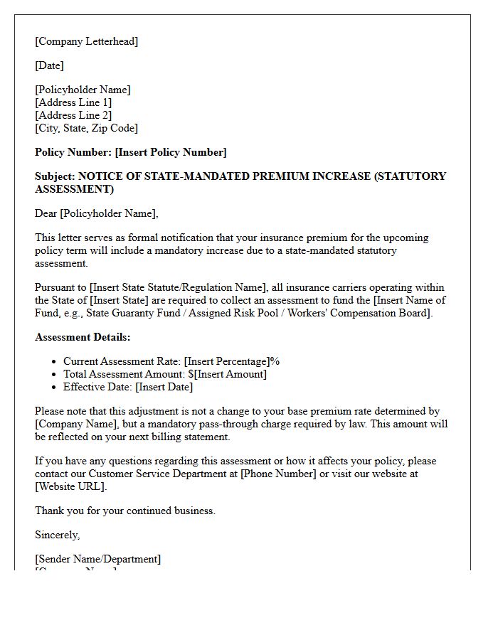 Statutory Assessment State-Mandated Premium Increase Disclosure Letter