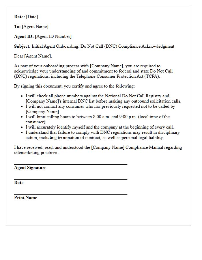 Initial Agent Onboarding Do Not Call Compliance Acknowledgment Letter