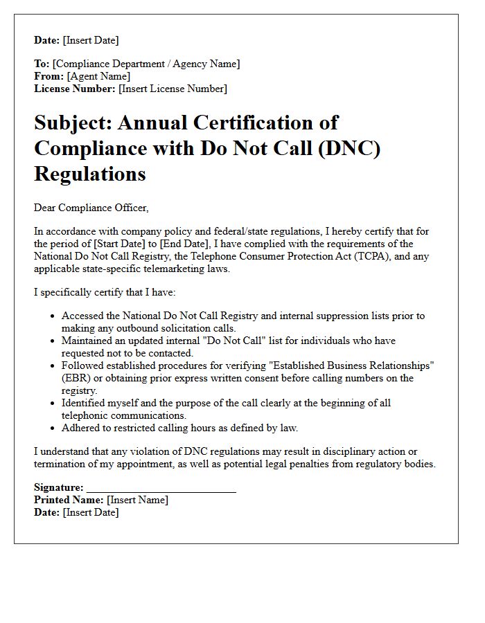 Annual Insurance Agent Do Not Call Registry Certification Letter
