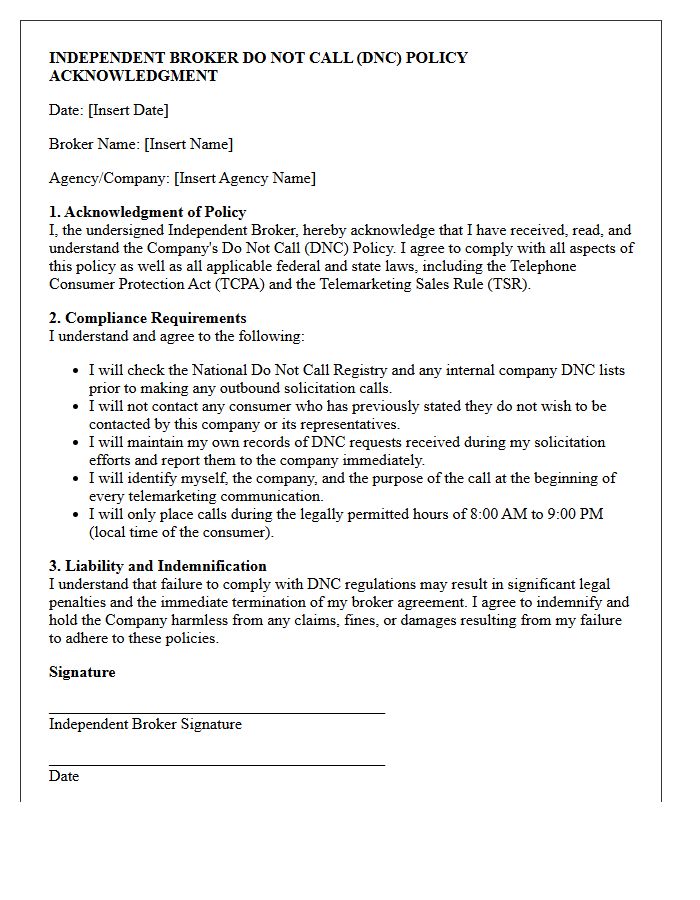 Independent Broker Do Not Call Policy Acknowledgment Letter