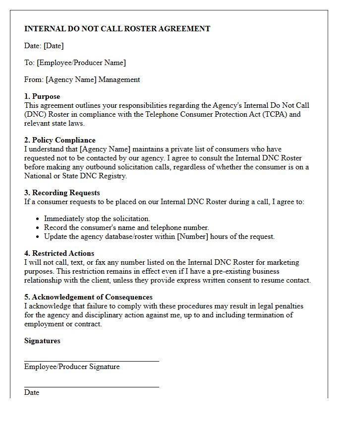 Insurance Agency Internal Do Not Call Roster Agreement Letter