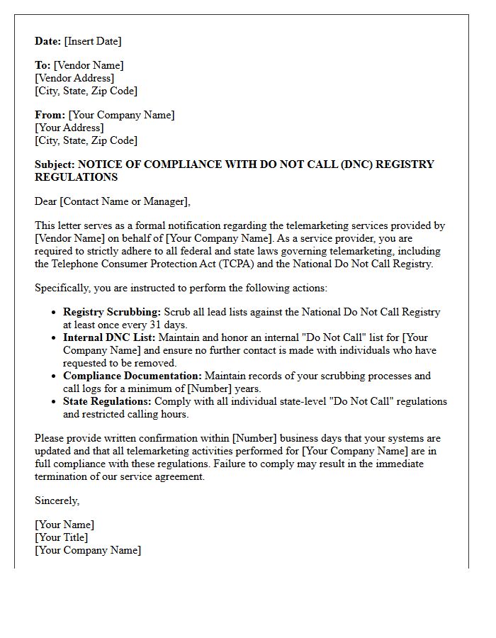 Telemarketing Vendor Do Not Call Registry Compliance Letter