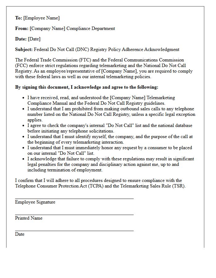 Federal Do Not Call Registry Policy Adherence Acknowledgment Letter