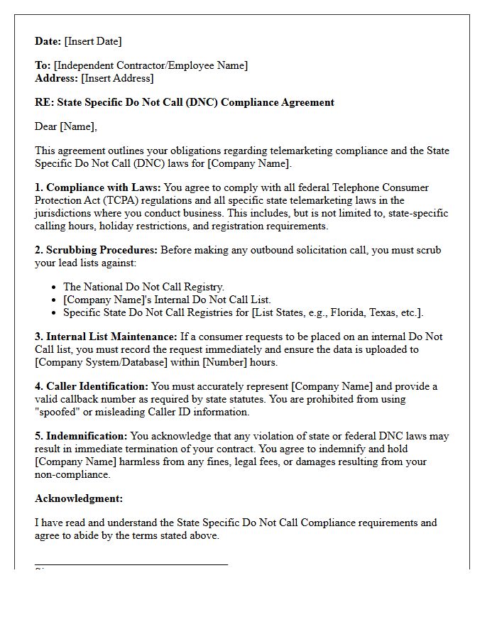 State Specific Do Not Call Compliance Agreement Letter