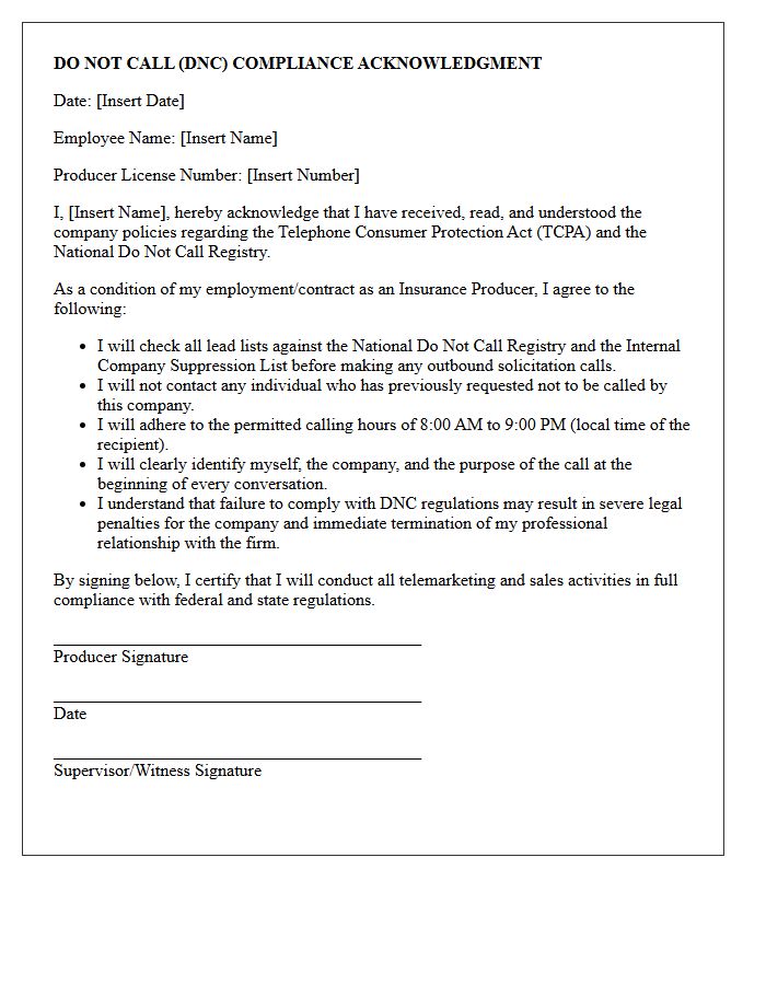 New Hire Insurance Producer Do Not Call Acknowledgment Letter