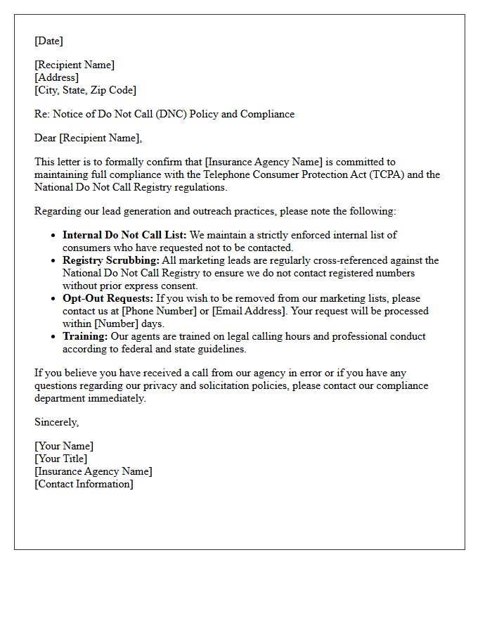 Insurance Agency Lead Generation Do Not Call Compliance Letter