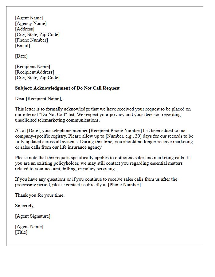 Life Insurance Agent Do Not Call Registry Acknowledgment Letter