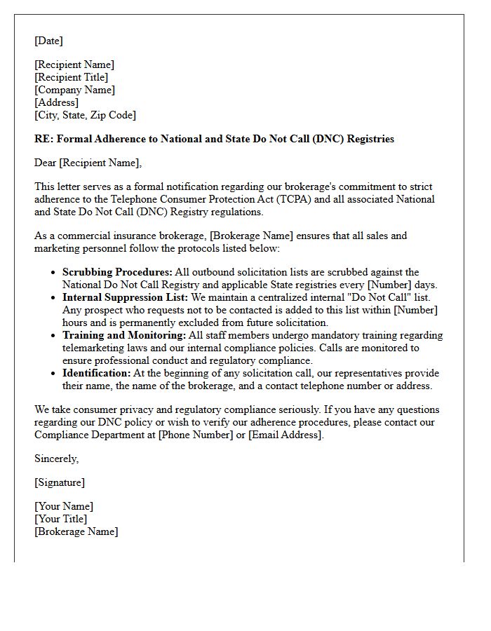 Commercial Insurance Broker Do Not Call Adherence Letter