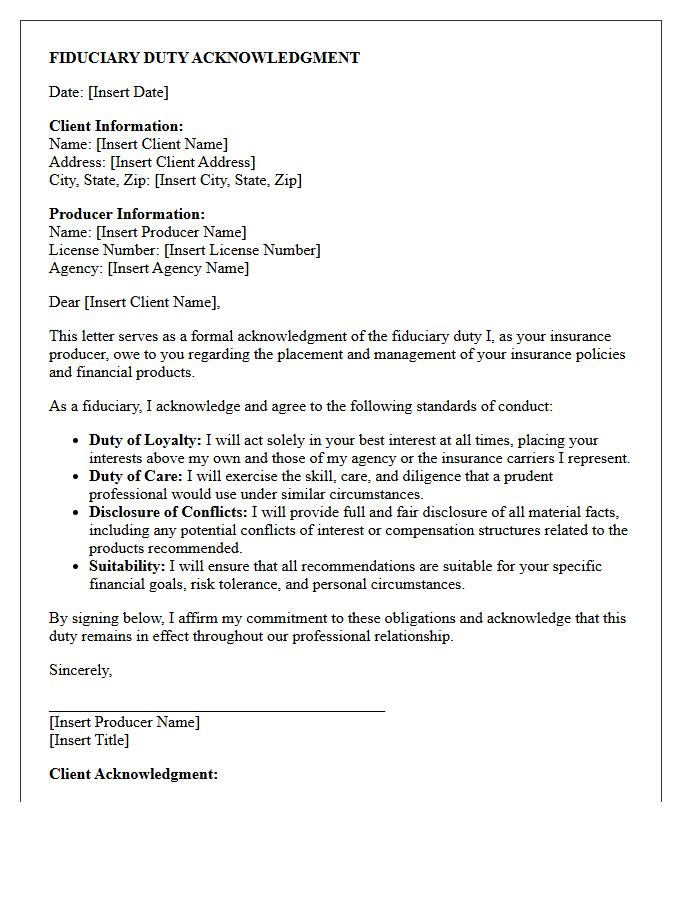 Standard Fiduciary Duty Acknowledgment Letter For Insurance Producers