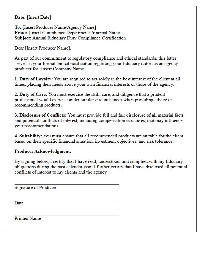 Annual Fiduciary Duty Compliance Letter For Agency Producers