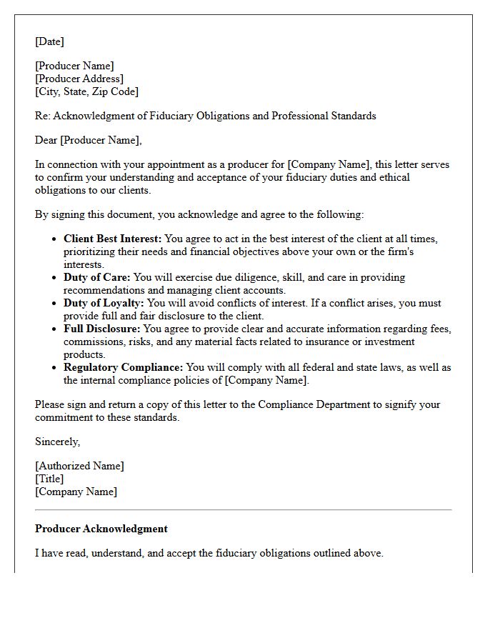 New Producer Fiduciary Obligation Acknowledgment Letter