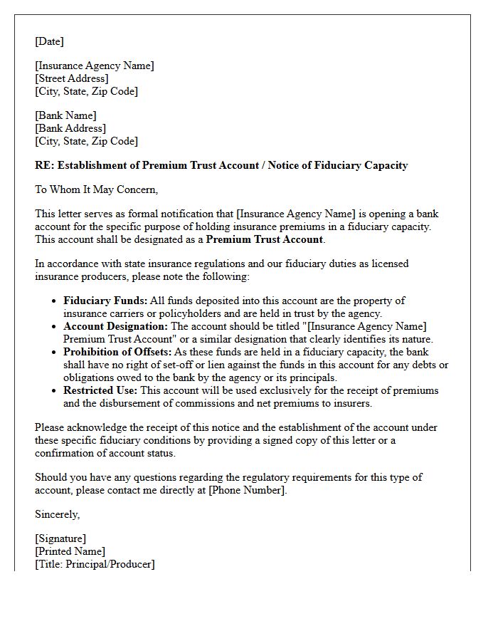 Insurance Producer Trust Account Fiduciary Duty Letter