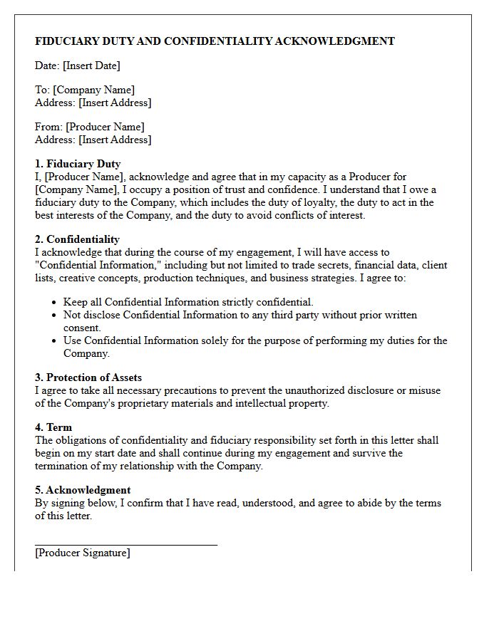 Fiduciary Duty And Confidentiality Acknowledgment Letter For Producers