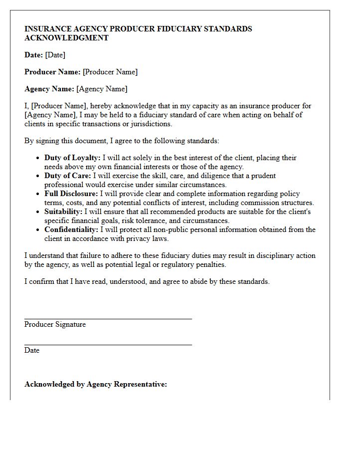 Insurance Agency Producer Fiduciary Standards Acknowledgment Letter