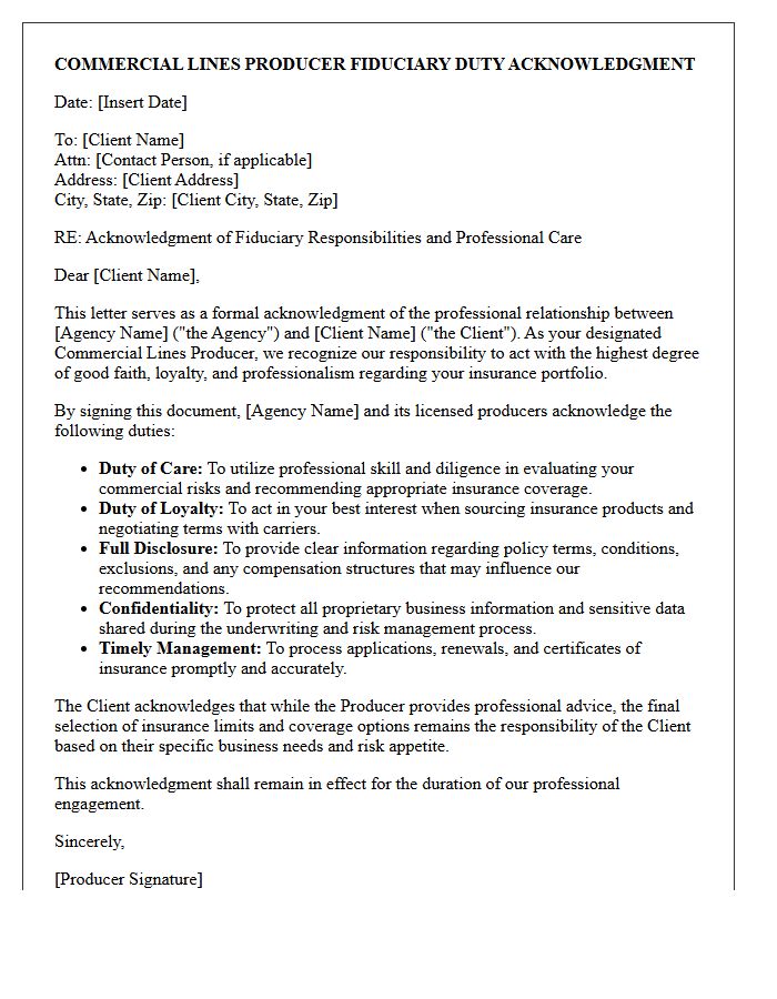 Commercial Lines Producer Fiduciary Duty Acknowledgment Letter