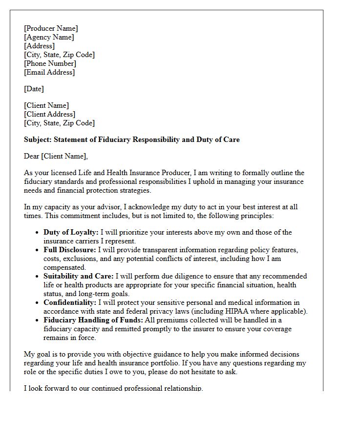 Life And Health Producer Fiduciary Responsibility Letter